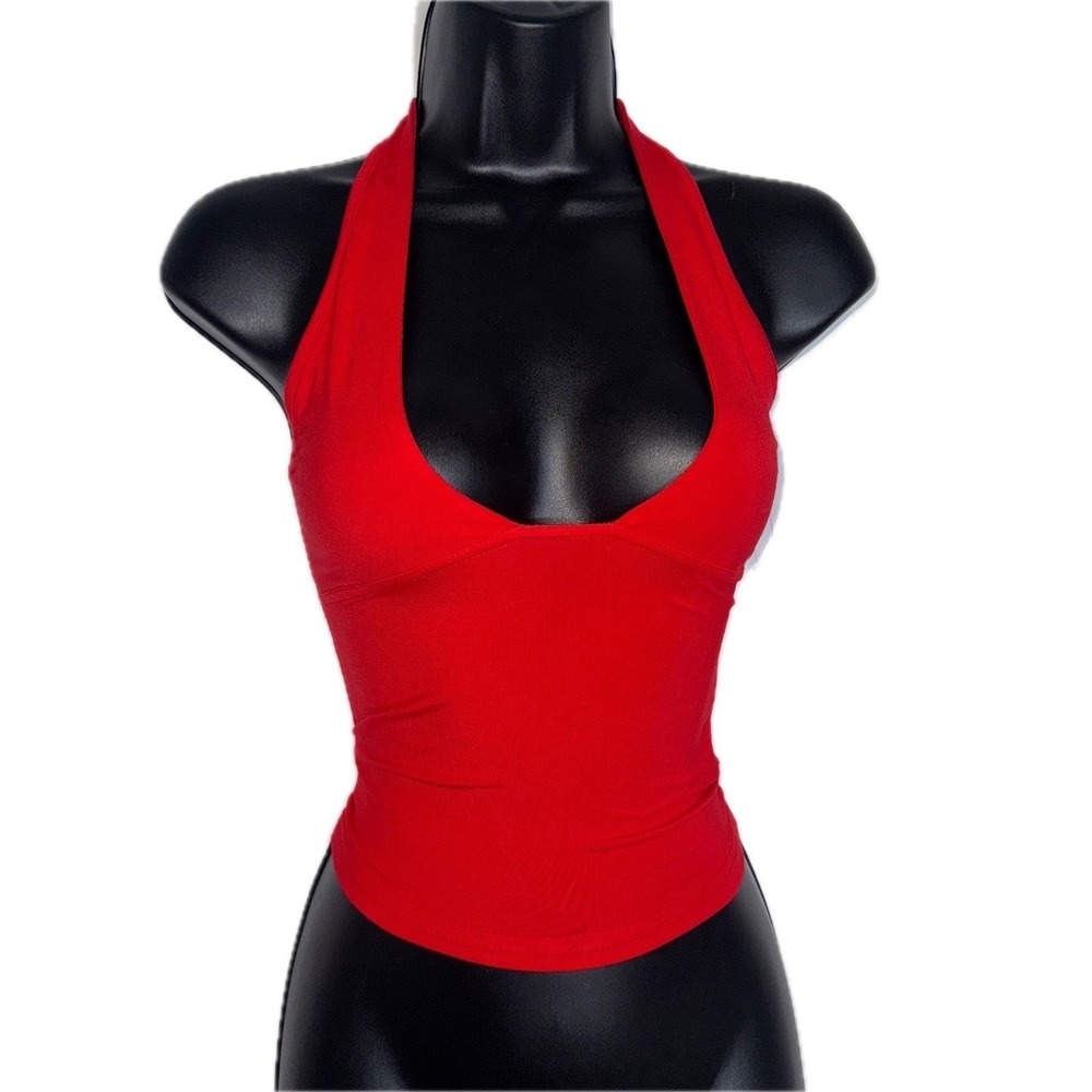 New Small Red Halter Top Sleeveless V-neck Retro Y2k Stretch Fitted Basic Plunge